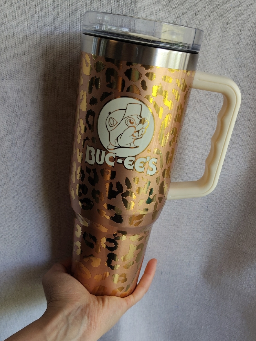 Buc-ee's Rose Gold Leopard Travel Tumbler with Handle